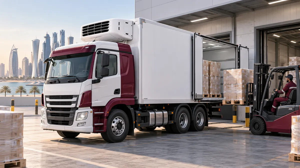 Illustration of a refrigerated truck and packaged cargo at a loading area