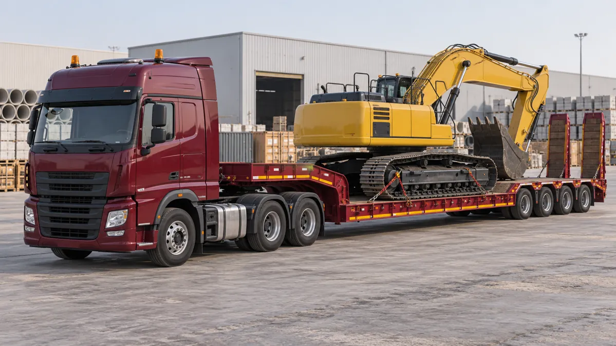 Illustration of an excavator carried on a low-bed road trailer