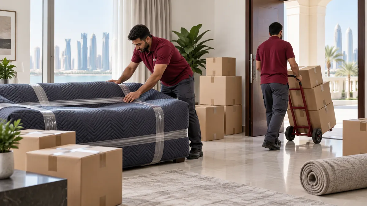 Illustration of furniture protection and carton preparation for moving